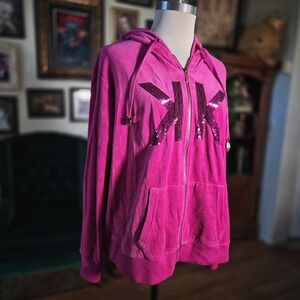 Kardashian Kollection Pink Velour Zip Hoodie Sequin Logo Y2K Glam McBling Jacket